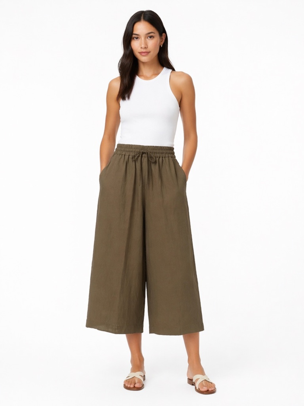 Kobi Halperin Olive Wide-Leg Cropped Linen Drawstring Pants